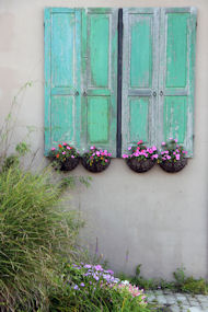 shutters and flower boxes greeting card